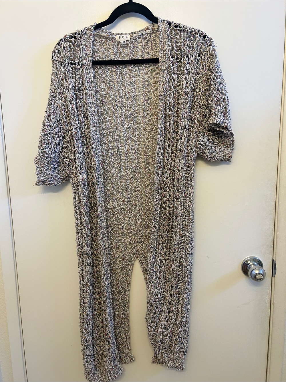 POL Open-Weave Metallic Silver Knit Trench Cardigan
